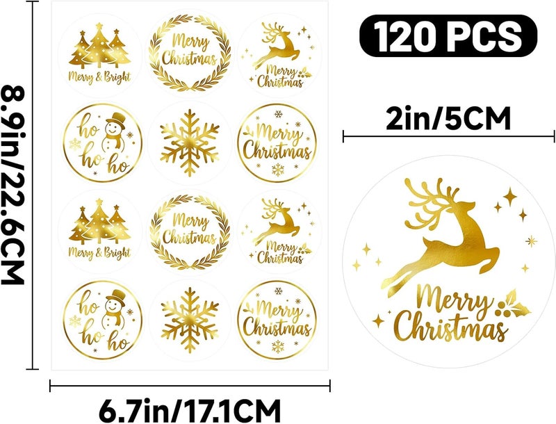 Alynta Merry Christmas Stickers - 2 Inch 120Pcs Gold Foil Holiday Stickers Merry and Bright Sticker Large Round Christmas Tree Snowflake Snowman Labels for Envelope Seals Cards Ornaments (White) - Image 2